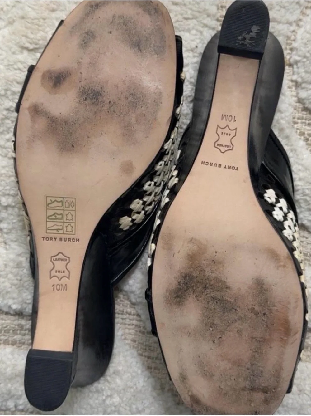 Tory Burch Black and Cream Woven Slide Sandals With Tory Burch Box and Bag